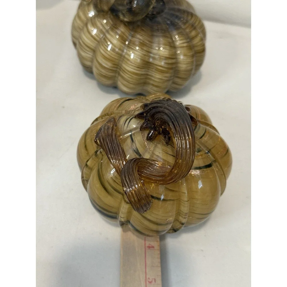 Lot of 2‎ Hand Blown Glass Pumpkins Amber Brown Swirl Fall Harvest Thanksgiving